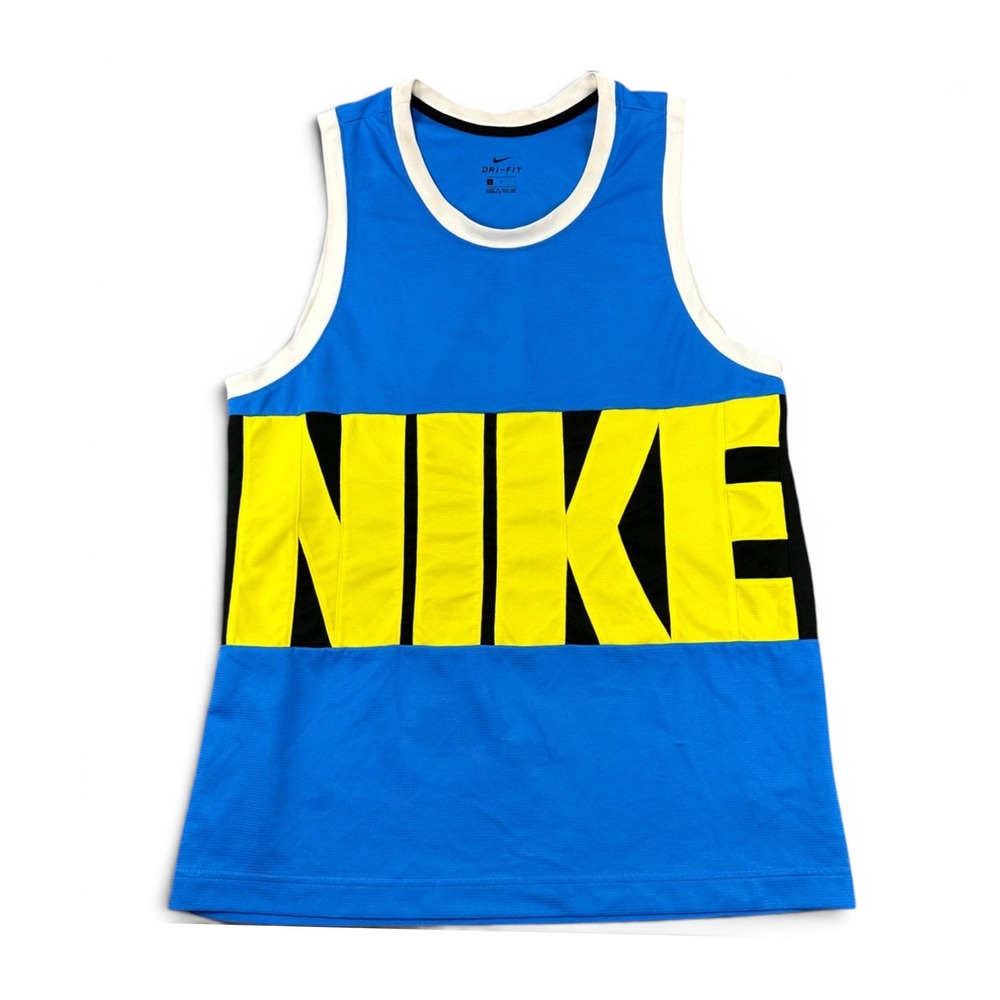 Nike Dri Fit Basketball Jersey Mens Large Block Logo Blue Yellow Activewear